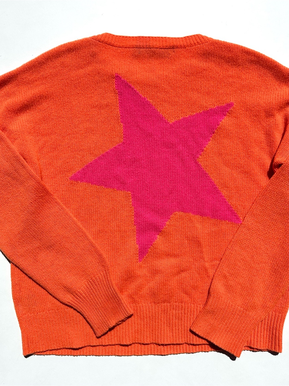 360 Cashmere Orange 100% Cashmere Sweater with Pink Star Intarsia, M